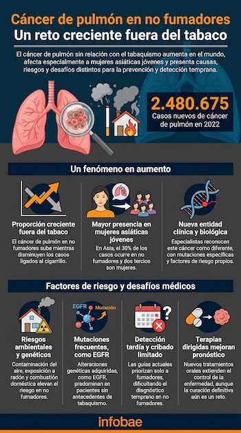 Infografía sobre cáncer de pulmón en no fumadores, con ilustraciones de pulmones, células tumorales, factores ambientales, ADN, figuras humanas y estadísticas.