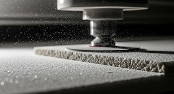 Primer plano de superficie de cuarzo artificial texturizada, con herramienta industrial desenfocada y partículas de polvo flotando en el aire.