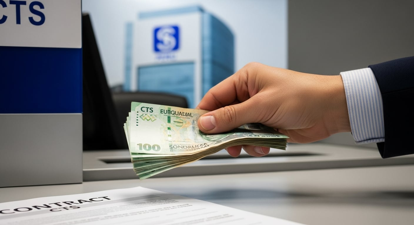 Una mano deposita billetes peruanos en la ventanilla de un banco, con un contrato de CTS visible y el logo de una entidad financiera en el fondo, simbolizando la gestión de fondos para empleados. (Imagen Ilustrativa Infobae)