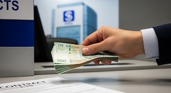 Una mano sostiene billetes de 100 soles peruanos sobre un mostrador bancario, junto a un documento con la palabra 'CONTRACT CTS'. Al fondo, el logo de un banco en un edificio moderno.