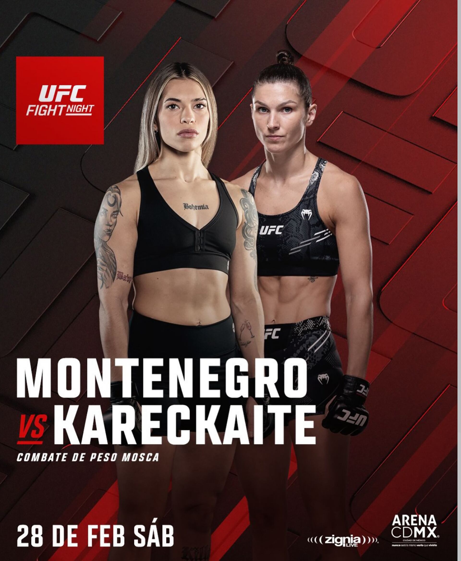 La cartelera de UFC Fight Night presenta el esperado combate de peso mosca entre Montenegro y Kareckaite en la Arena CDMX el 28 de febrero.