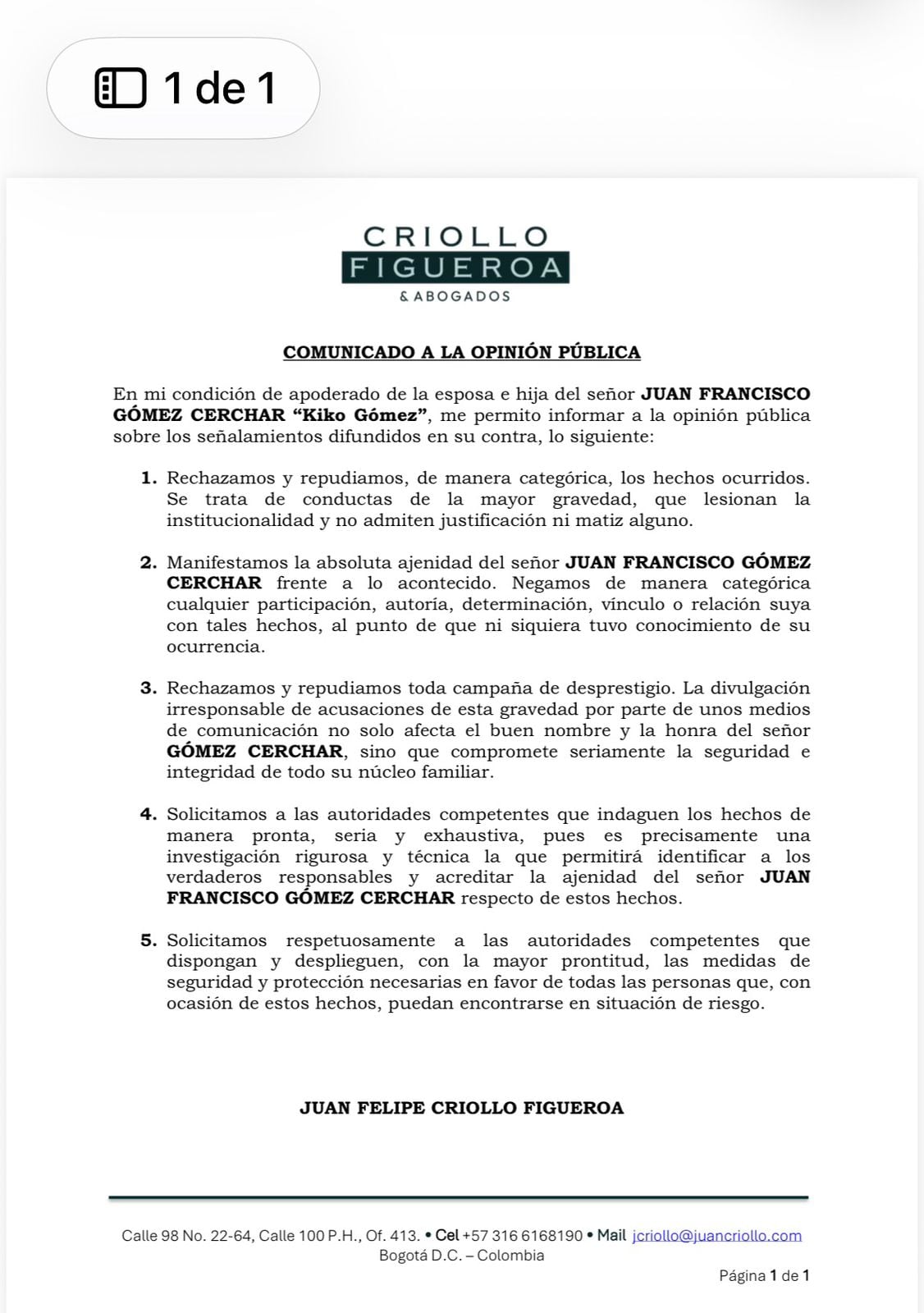 El abogado Juan Felipe Criollo Figueroa afirmó que Gómez Cerchar no participó, no tuvo conocimiento ni mantuvo relación con los hechos reportados en Bogotá. - crédito Juan Felipe Criollo Figueroa