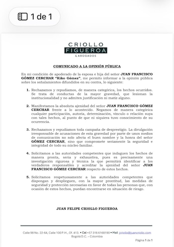 El abogado Juan Felipe Criollo Figueroa afirmó que Gómez Cerchar no participó, no tuvo conocimiento ni mantuvo relación con los hechos reportados en Bogotá. - crédito Juan Felipe Criollo Figueroa