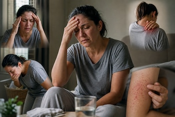Mujer en ropa gris con gestos de dolor de cabeza, dolor muscular, náuseas y una erupción cutánea en la pierna.