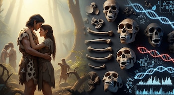 Imagen horizontal dividida con una pareja prehistórica abrazándose en un bosque nebuloso a la izquierda y cráneos, huesos y cadenas de ADN a la derecha.