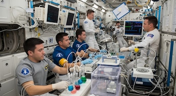 Cuatro astronautas dentro de un módulo de la Estación Espacial Internacional con equipos de laboratorio, monitores, tubos de ensayo de colores y placas de Petri.