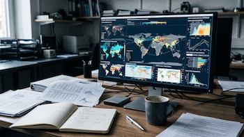 Un monitor con gráficos y mapas mundiales sobre un escritorio junto a un cuaderno abierto, papeles, un bolígrafo y una taza de café