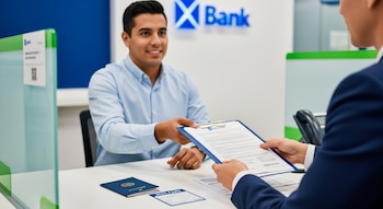 Hombre hispano sonriente entrega documentos a un empleado bancario en un escritorio. Pasaporte, tarjeta ITIN y recibo de servicios públicos son visibles.
