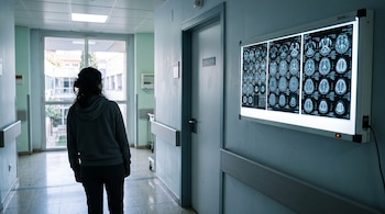 Una mujer de espaldas en un pasillo de hospital junto a un negatoscopio encendido con resonancias magnéticas cerebrales y una puerta de consulta.