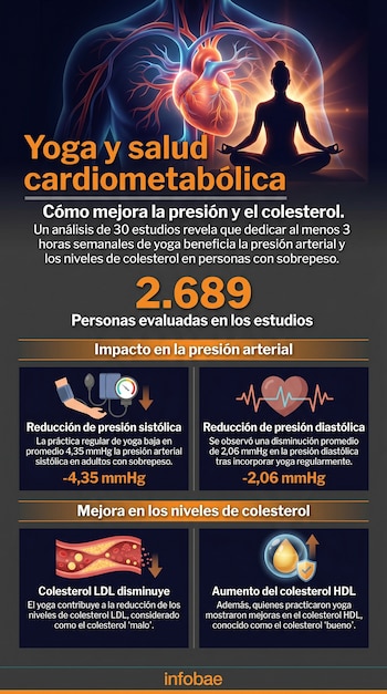 Infografía sobre los beneficios del yoga para la salud cardiometabólica, mostrando un corazón, vasos sanguíneos, una persona meditando y gráficos de presión arterial y colesterol.