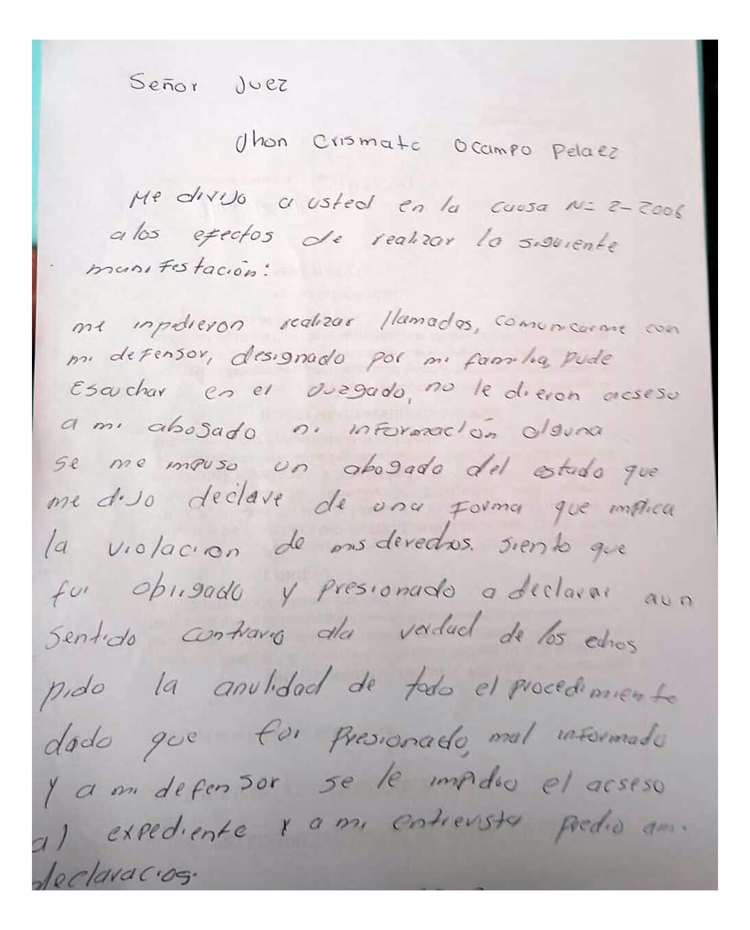La carta del acusado dirigida al juez