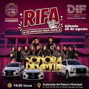Cartel publicitario con los integrantes de La Sonora Dinamita, tres automóviles blancos, datos del evento y logotipos institucionales