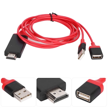 Cable eléctrico rojo con un conector HDMI macho en un extremo y un conector USB macho y uno USB hembra en el otro