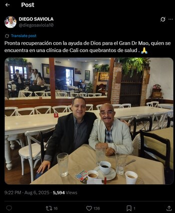 El periodista deportivo, que trabajó junto al mítico comunicador vallecaucano, también envío un mensaje de fuerza - crédito @diegosaviola10 / X