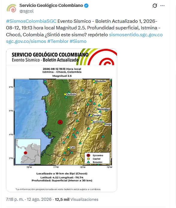 El Servicio Geológico Colombiano informó sobre un evento sísmico en Istmina, Chocó - crédito @sgcol/X