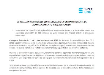 La compañía prevé restablecer la capacidad plena de la planta en un plazo de siete días mediante trabajos correctivos - crédito Spec LNG