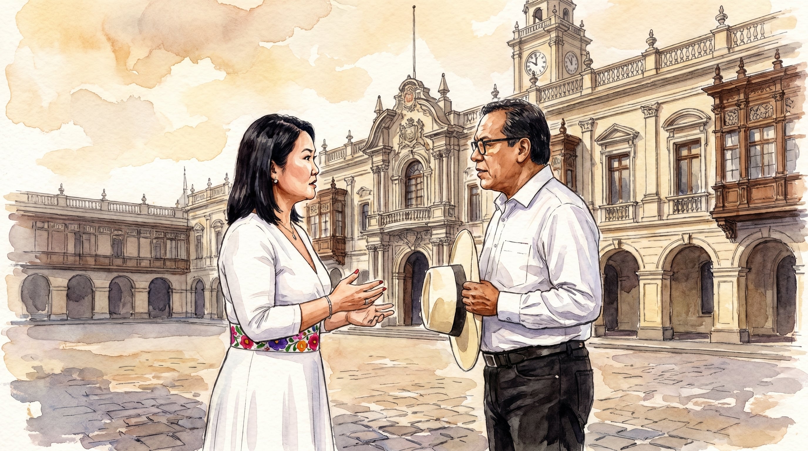 En una evocadora acuarela, Keiko Fujimori y Roberto Sánchez son representados en un diálogo frente al emblemático Palacio de Gobierno de Perú, sugiriendo un momento de interacción política. (Imagen Ilustrativa Infobae)