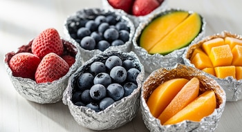Primer plano de varias porciones de fruta congelada en recipientes individuales de papel de aluminio. Se ven fresas, arándanos y trozos de mango cubiertos con escarcha.