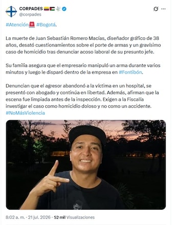 Casi un mes después del crimen, el proceso judicial está frenado en la Fiscalía General de la Nación - crédito @corpades/X