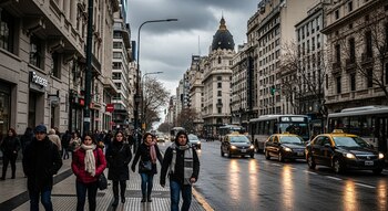 Una calle urbana con edificios, transeúntes, taxis y autobuses bajo un cielo cubierto de nubes.