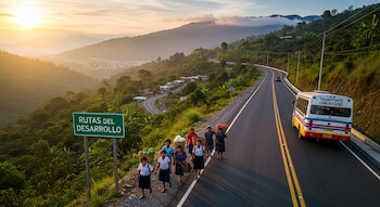 Vista aérea de una carretera serpenteante en Guatemala al atardecer, con un cartel "RUTAS DEL DESARROLLO", un autobús y peatones llevando cestas.