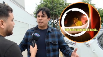 Un hombre es entrevistado con un micrófono de Magaly TV; al lado derecho, una imagen circular con borde naranja muestra a una pareja en un video.
