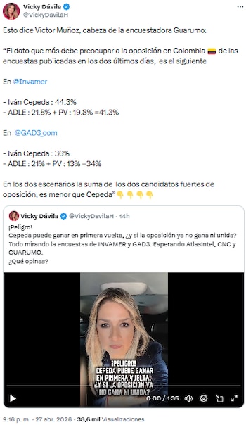 Vicky Dávila puso en duda la capacidad de la oposición para frenar a Iván Cepeda tras avance en las encuestas - crédito @VickyDavilaH/X