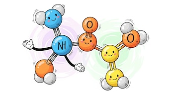 Un dibujo animado de la molécula de serotonina con átomos esféricos de colores pastel, caras sonrientes y las letras "NH" y "O" visibles.