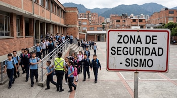 Estudiantes en uniforme caminan en el patio de una escuela junto a un letrero que dice ZONA DE SEGURIDAD - SISMO.