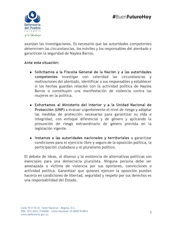El organismo solicitó a la Fiscalía General de la Nación y a las autoridades competentes investigar “con celeridad” las circunstancias y motivaciones del atentado - crédito Defensoría del Pueblo