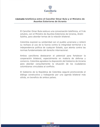 El canciller de Colombia, Omar Bula, conversó con su homólogo de Ucrania, Andrii Sybiha, sobre el fortalecimiento de las relaciones bilaterales y la situación de los colombianos vinculados al conflicto - crédito @CancilleriaCol/X