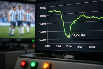 Gráfico de línea verde muestra caída de valores en pantalla negra; de fondo, jugadores de fútbol en otra pantalla borrosa; luces indicadoras rojas y verdes.