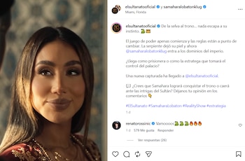 Captura de pantalla de una publicación digital con el rostro de Samahara Lobatón vestida con ropa roja bordada y collares dorados