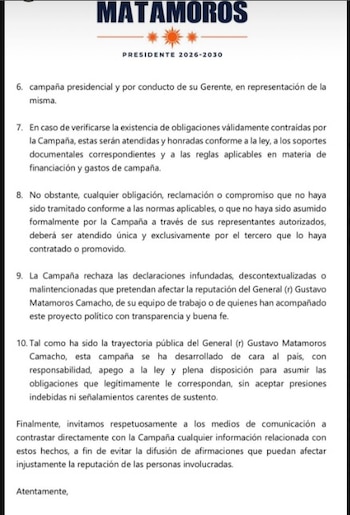 En un mensaje final, la comunicación oficial de la campaña pidió a los medios y a la sociedad “contrastar directamente con la campaña cualquier información relacionada con estos hechos - crédito campaña Gustavo Matamoros