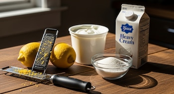 Dos limones, un rallador con ralladura de limón, un recipiente de yogur, un cuenco de azúcar y un cartón de crema de leche sobre una mesa de madera.