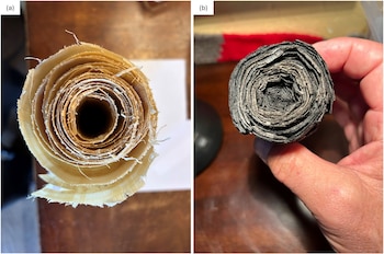La tomografía 3D y el desenvolvimiento virtual permitieron distinguir palabras dentro del pergamino enrollado sin abrirlo físicamente - Crédito: Seiler et al., 2026, PLOS One, CC0 (https://creativecommons.org/publicdomain/zero/1.0/)