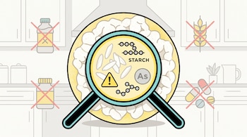 Ilustración plana de una galleta de arroz central con lupa mostrando arsénico (As), almidón y advertencia. Alrededor, iconos tachados de proteína, fibra y vitaminas.