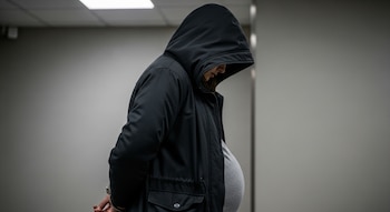 Mujer embarazada de perfil con capucha y chaqueta oscura, esposada por detrás, de pie en un cuarto de paredes claras.