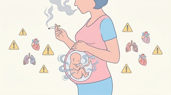 Ilustración de una mujer embarazada fumando un cigarrillo, con el feto dentro del vientre envuelto en humo. Símbolos de advertencia, pulmones y corazones afectados rodean la figura.