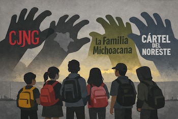 Ilustración: Niños y adolescentes de espaldas con mochilas miran un horizonte. Detrás, sombras de manos con logos de cárteles: CJNG, Sinaloa, Familia Michoacana, Noreste.
