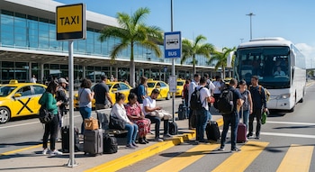Personas con equipaje esperan taxis amarillos y un autobús blanco en la parada de transporte exterior de un aeropuerto, bajo el sol y con palmeras al fondo.