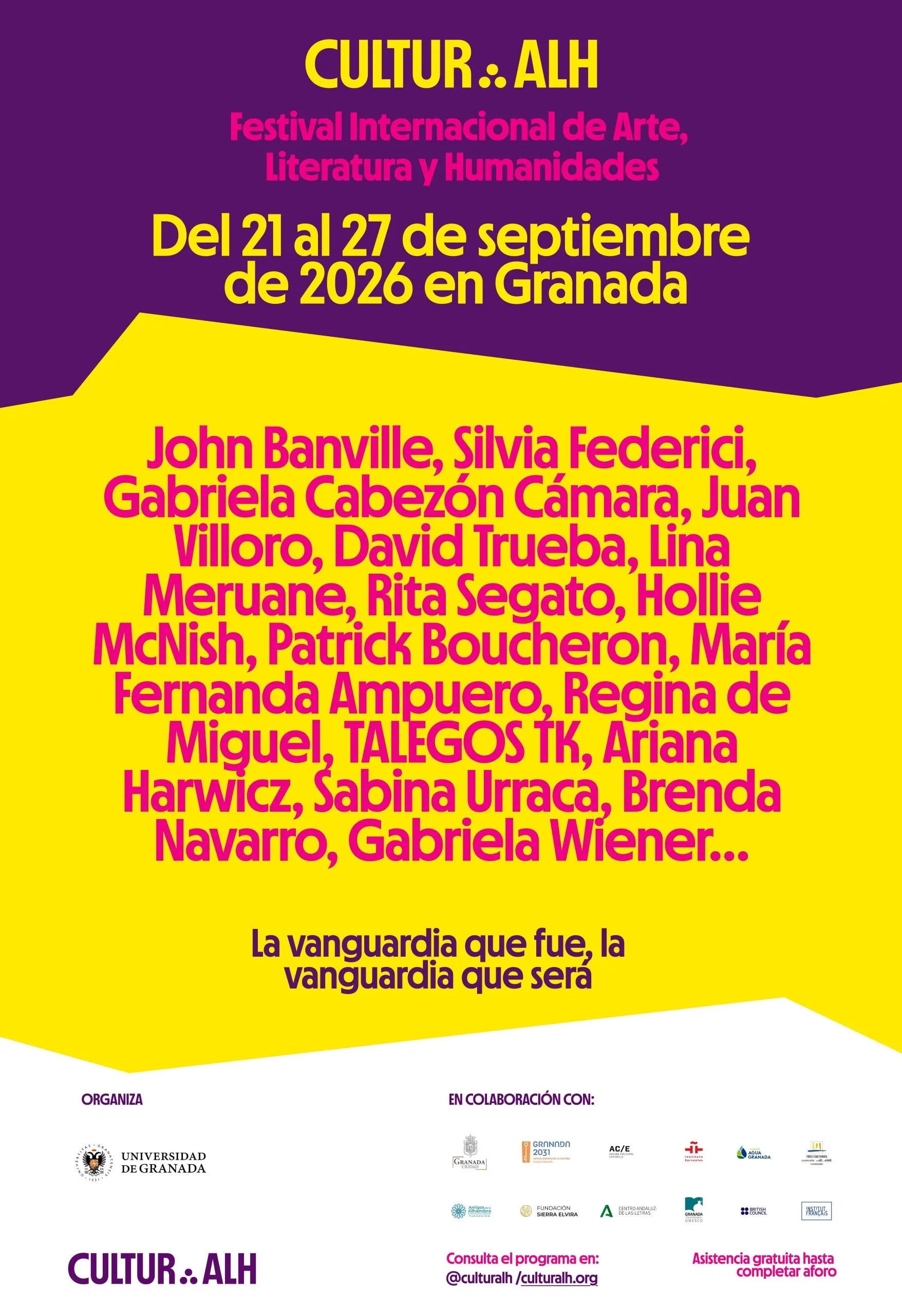 El cartel oficial de CULTUR.ALH anuncia el Festival Internacional de Arte, Literatura y Humanidades en Granada del 21 al 27 de septiembre de 2026.