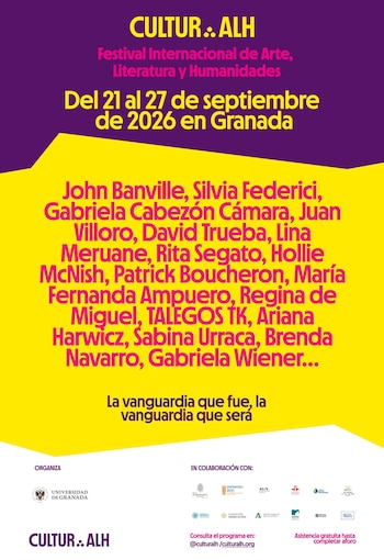 Cartel morado y amarillo con el texto CULTUR.ALH, fechas, una lista de autores participantes y logotipos de instituciones organizadoras