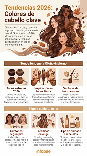 Infografía que muestra las tendencias de colores de cabello para Otoño-Invierno 2026, con ilustraciones de mujeres y detalles sobre tonos y técnicas.