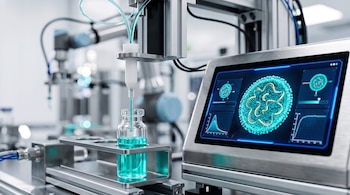 Un brazo robótico dispensador, un frasco con líquido azul y una pantalla digital que exhibe la imagen en tres dimensiones de un virus.