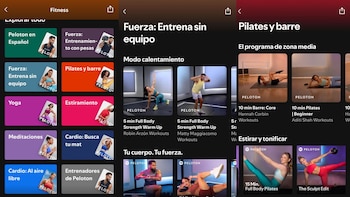 Capturas de pantalla de la app Peloton en español. Muestra categorías de fitness como fuerza, Pilates y yoga, con instructores realizando ejercicios