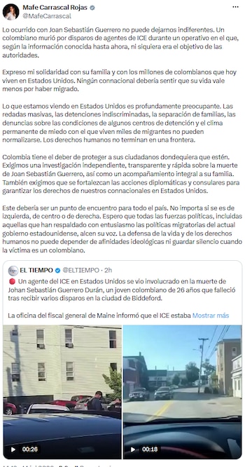 Mafe Carrascal exigió investigación y protección para colombianos tras muerte de Joan Sebastián Guerrero en EE. UU. - crédito @MafeCarrascal/X