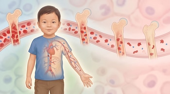 Un niño con sistema circulatorio visible, acompañado de huesos en corte transversal que muestran médula ósea y glóbulos rojos, con vasos sanguíneos.