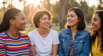 Retrato de cuatro mujeres con diferentes tonos de piel, cabello y estilos de ropa, sonriendo y conversando en un parque con luz solar cálida al atardecer.