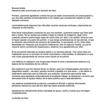 La familia de Daniel Osvaldo difundió un comunicado sobre su estado de salud